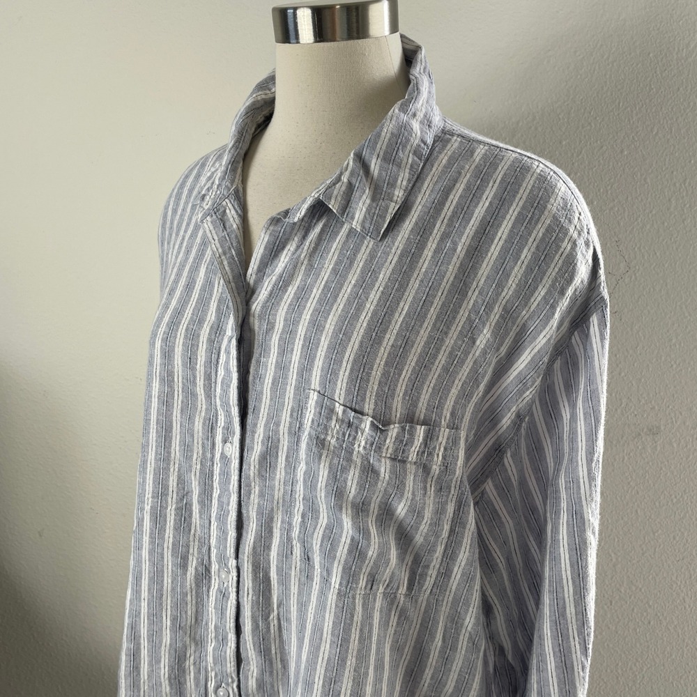 Old Navy Womens Plus XXL Tall Boyfriend Shirt Grey White Striped Linen Blend Top - Picture 2 of 8